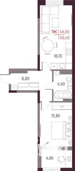 1-к квартира, вторичка, 46м2, 4/25 этаж