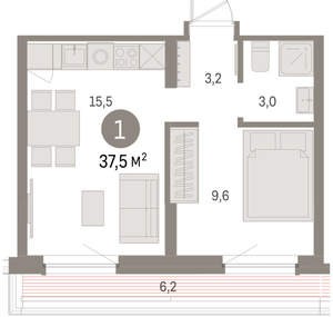 1-к квартира, вторичка, 38м2, 7/9 этаж