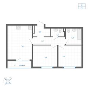 2-к квартира, вторичка, 63м2, 3/10 этаж