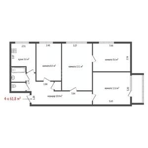 4-к квартира, вторичка, 62м2, 2/5 этаж