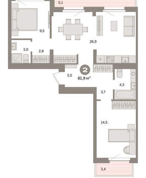 2-к квартира, вторичка, 82м2, 7/9 этаж