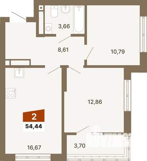 2-к квартира, строящийся дом, 54м2, 14/23 этаж