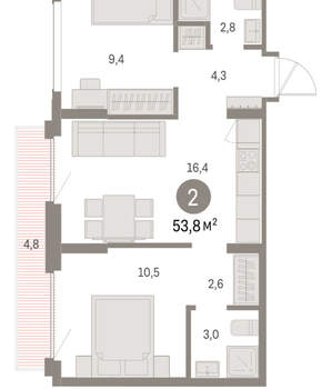 2-к квартира, вторичка, 54м2, 6/9 этаж