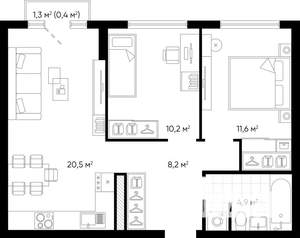 2-к квартира, строящийся дом, 56м2, 7/24 этаж
