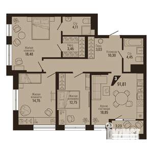 3-к квартира, вторичка, 92м2, 10/23 этаж