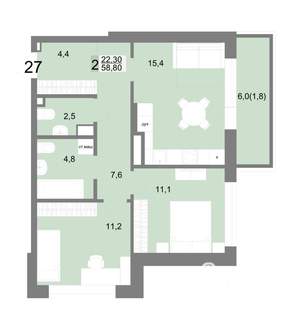 2-к квартира, строящийся дом, 59м2, 7/25 этаж