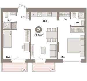 2-к квартира, вторичка, 62м2, 3/16 этаж