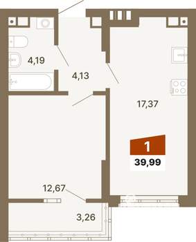 1-к квартира, строящийся дом, 40м2, 2/23 этаж