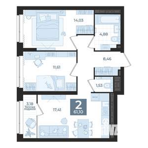 2-к квартира, вторичка, 61м2, 28/29 этаж