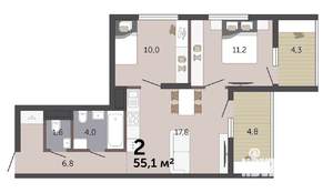 2-к квартира, строящийся дом, 55м2, 11/19 этаж