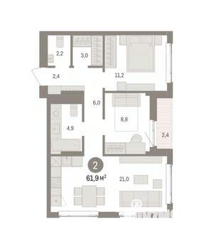 2-к квартира, вторичка, 62м2, 6/16 этаж