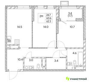 2-к квартира, вторичка, 62м2, 17/30 этаж