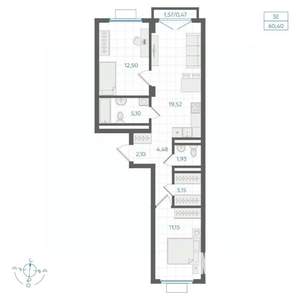 2-к квартира, строящийся дом, 60м2, 2/4 этаж