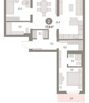 2-к квартира, вторичка, 78м2, 8/9 этаж