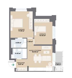 2-к квартира, вторичка, 67м2, 6/25 этаж