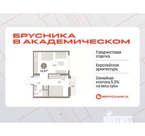 1-к квартира, вторичка, 35м2, 5/9 этаж