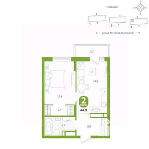 1-к квартира, вторичка, 44м2, 13/16 этаж