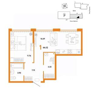 1-к квартира, вторичка, 44м2, 12/24 этаж