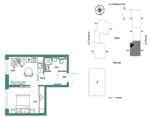 2-к квартира, строящийся дом, 31м2, 16/24 этаж