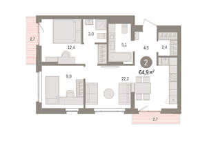 2-к квартира, вторичка, 65м2, 6/16 этаж