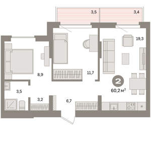 1-к квартира, вторичка, 60м2, 4/16 этаж