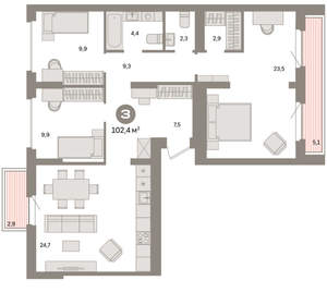 3-к квартира, вторичка, 102м2, 8/9 этаж