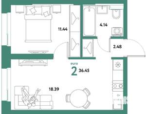 2-к квартира, строящийся дом, 36м2, 3/21 этаж