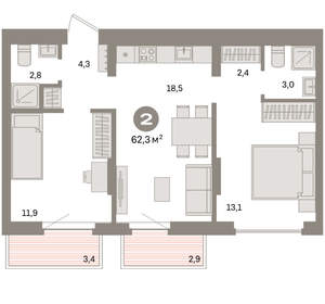 2-к квартира, вторичка, 62м2, 4/16 этаж