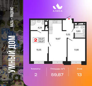 2-к квартира, вторичка, 60м2, 13/25 этаж