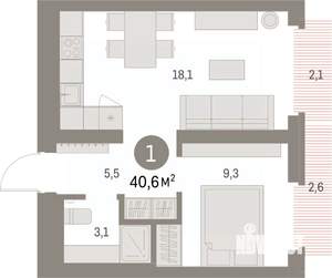 1-к квартира, вторичка, 41м2, 6/9 этаж