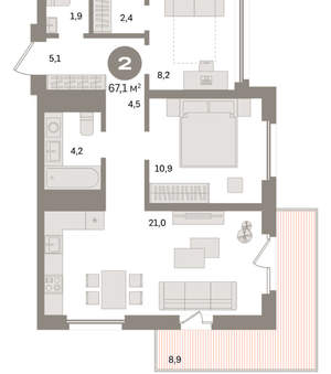 2-к квартира, вторичка, 67м2, 8/24 этаж