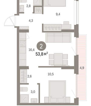 2-к квартира, вторичка, 54м2, 5/9 этаж