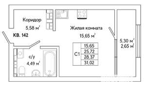1-к квартира, строящийся дом, 31м2, 16/25 этаж