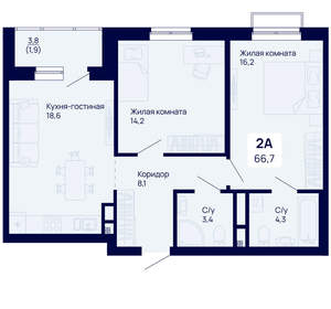 2-к квартира, вторичка, 67м2, 5/18 этаж