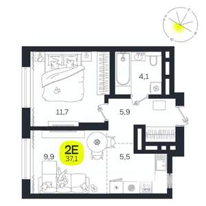 2-к квартира, вторичка, 37м2, 18/27 этаж