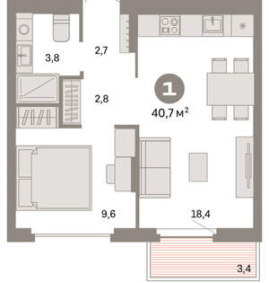 1-к квартира, вторичка, 41м2, 7/9 этаж