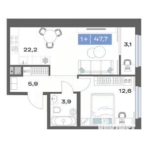 1-к квартира, строящийся дом, 48м2, 14/17 этаж