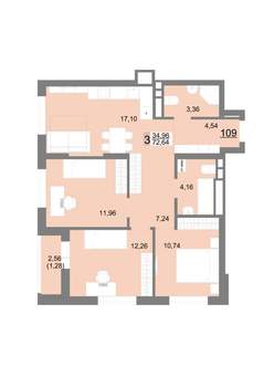 3-к квартира, строящийся дом, 73м2, 15/22 этаж