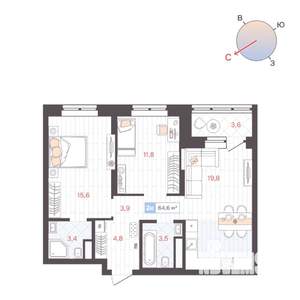 2-к квартира, строящийся дом, 65м2, 13/25 этаж