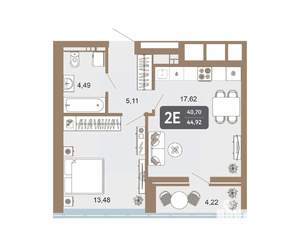 2-к квартира, строящийся дом, 45м2, 3/22 этаж