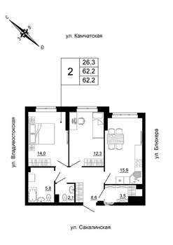 2-к квартира, вторичка, 62м2, 1/24 этаж