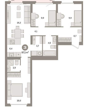 3-к квартира, вторичка, 87м2, 4/16 этаж