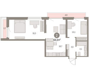 2-к квартира, вторичка, 63м2, 3/9 этаж