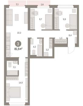 3-к квартира, вторичка, 84м2, 4/9 этаж