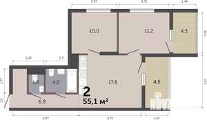2-к квартира, вторичка, 55м2, 16/19 этаж