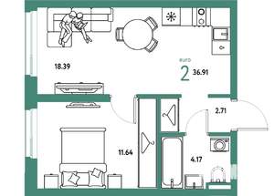 2-к квартира, вторичка, 37м2, 23/24 этаж