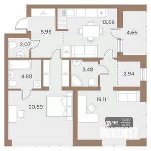 3-к квартира, вторичка, 76м2, 14/24 этаж