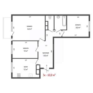 3-к квартира, вторичка, 60м2, 7/12 этаж