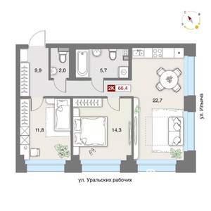 2-к квартира, строящийся дом, 66м2, 2/8 этаж