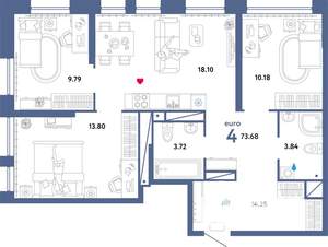 4-к квартира, строящийся дом, 74м2, 31/32 этаж